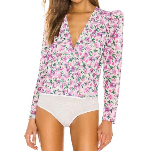 IORANE NWOT Revolve Mini Pink Floral Tulle Puff Shoulder Sheer Mesh Bodysuit XS - Picture 2 of 10